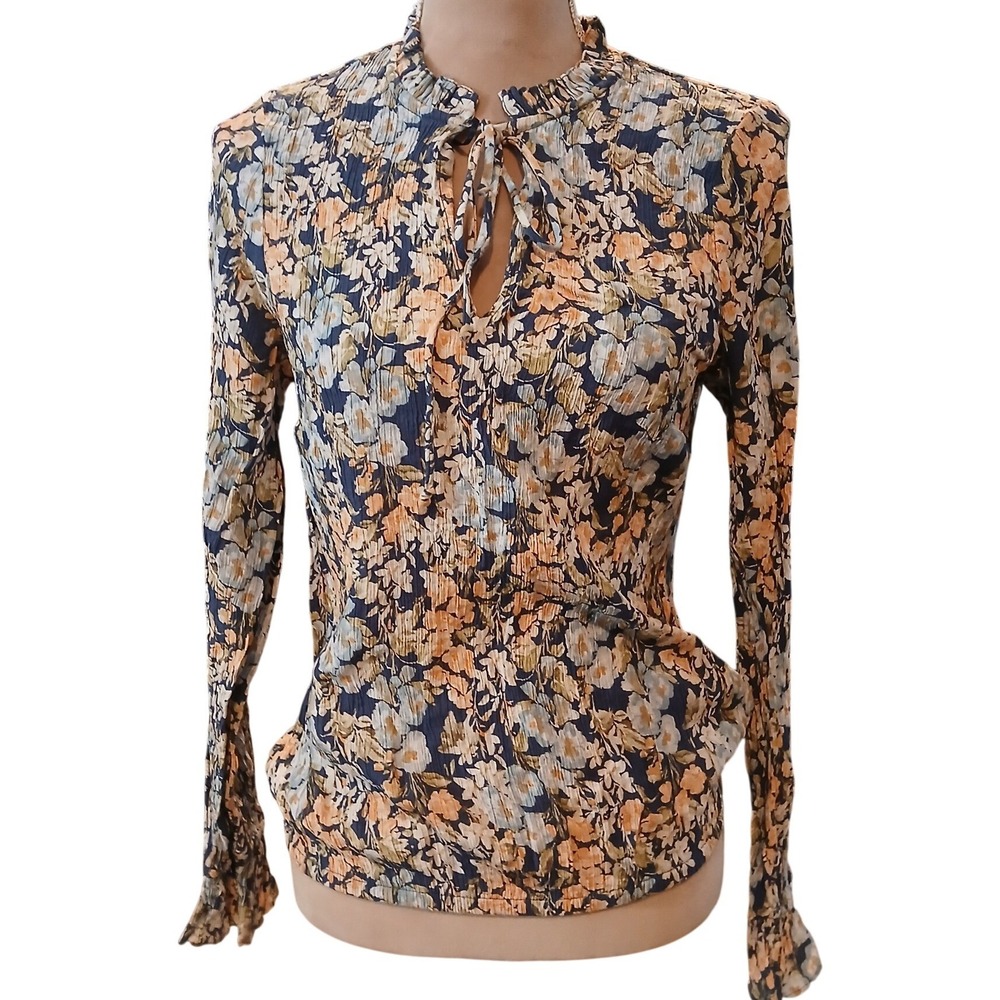 CeCe Medoum Floral Plisse Blouse Navy Orange Long Sleeve Keyhole Tie Neck Top